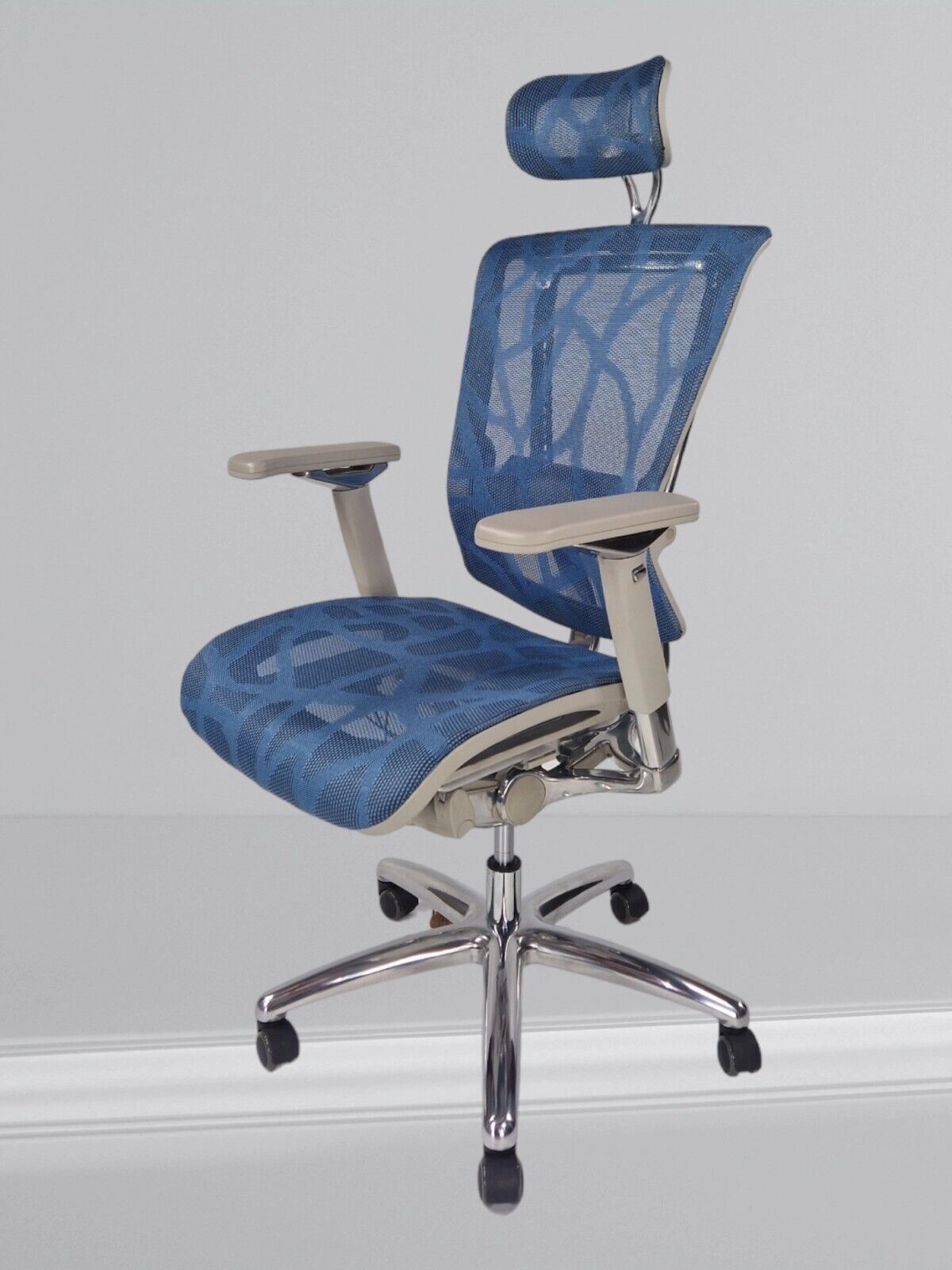 NEFIL FULL MESH OFFICE CHAIR WITH HEADREST IN BLUE MESH GREY FRAME