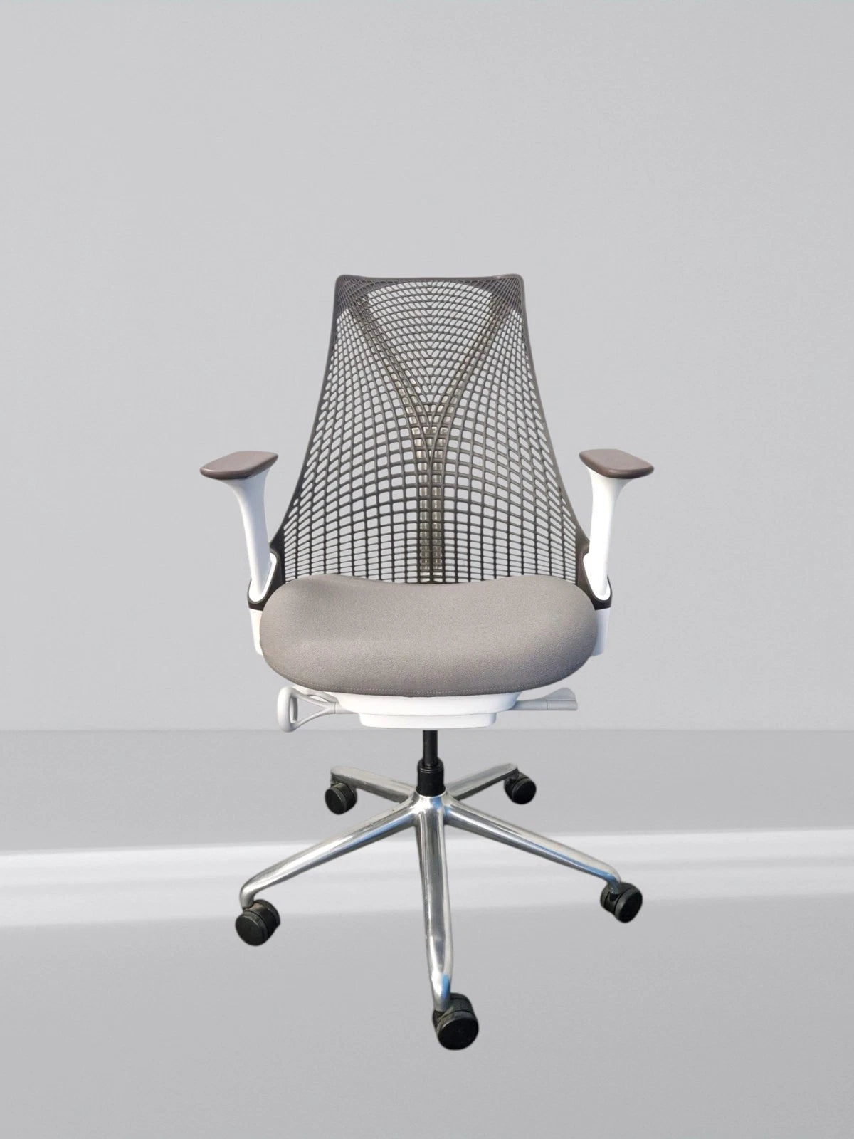 Herman Miller Sayl Office Chair White Frame Brown Mesh With New Grey Fabric