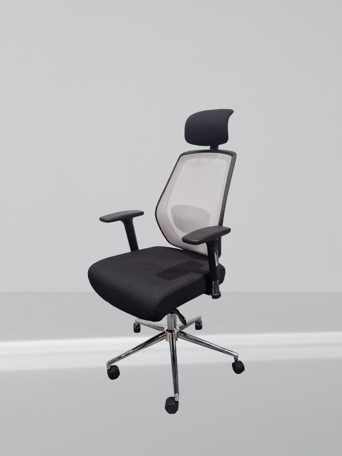 Ergo-Task Fully Loaded Adjustable Mesh Office Chair with Posture Sprung Seat In New Black Fabric. Grey Mesh