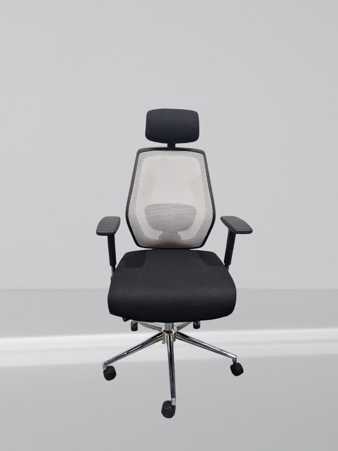 Ergo-Task Fully Loaded Adjustable Mesh Office Chair with Posture Sprung Seat In New Black Fabric. Grey Mesh