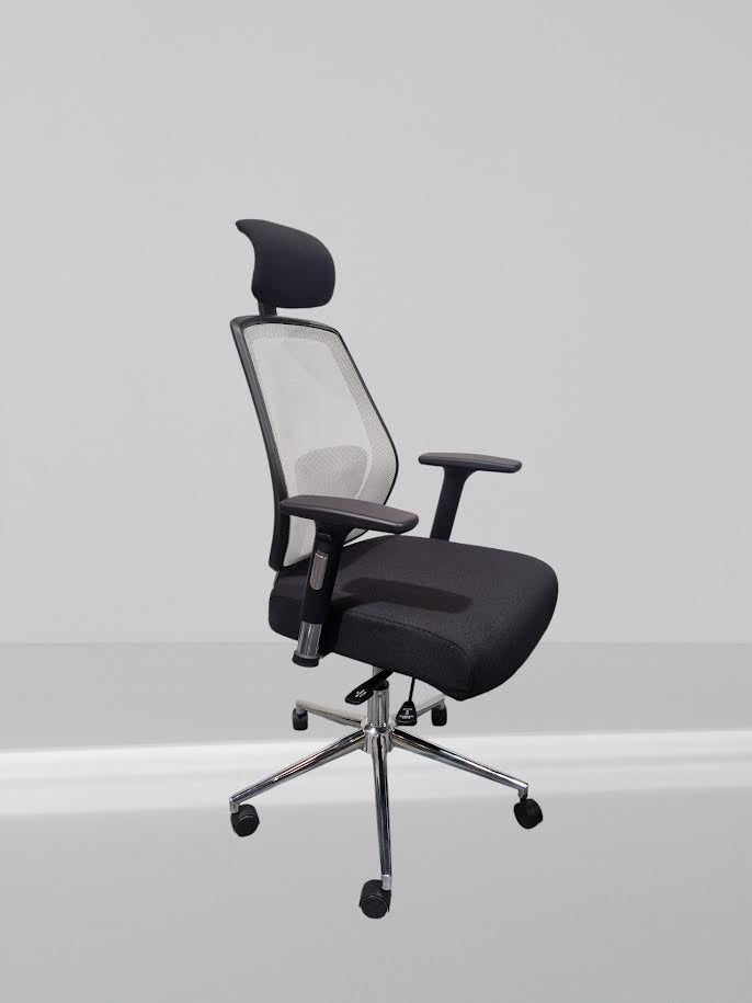 Ergo-Task Fully Loaded Adjustable Mesh Office Chair with Posture Sprung Seat In New Black Fabric. Grey Mesh