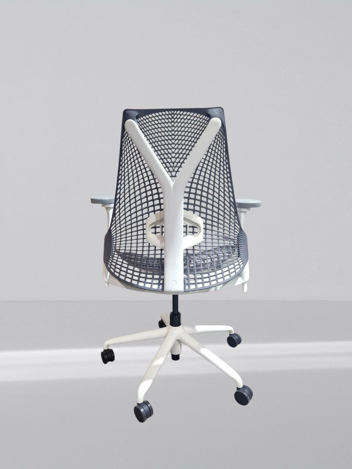 Herman Miller Sayl White Frame Grey Back With New Grey Upholstered Seat