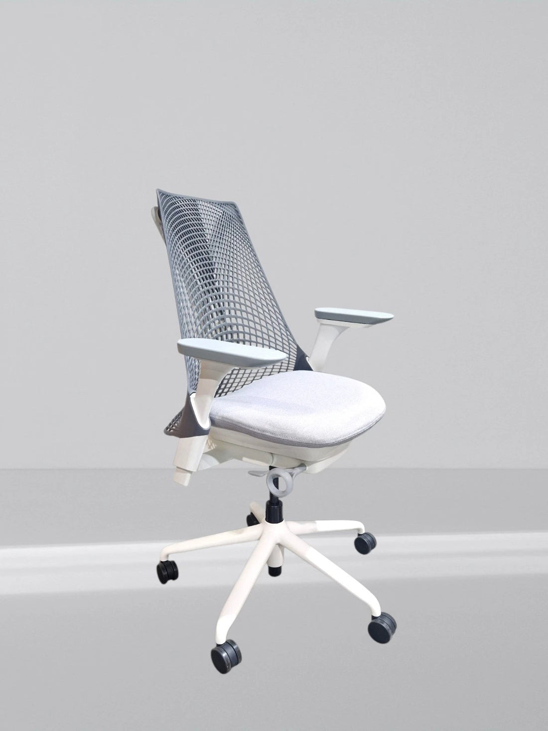 Herman Miller Sayl White Frame Grey Back With New Grey Upholstered Seat