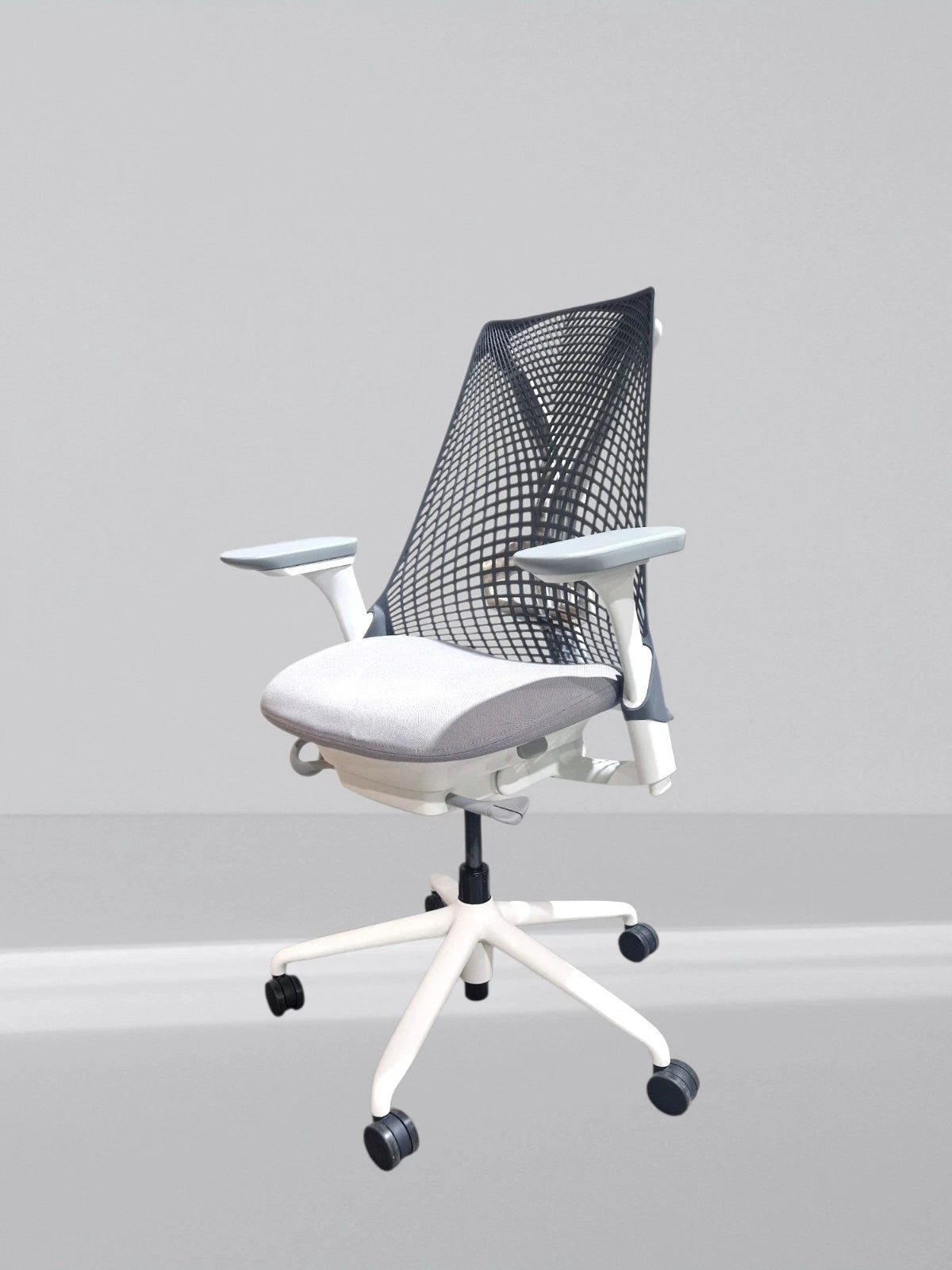 Herman Miller Sayl White Frame Grey Back With New Grey Upholstered Seat