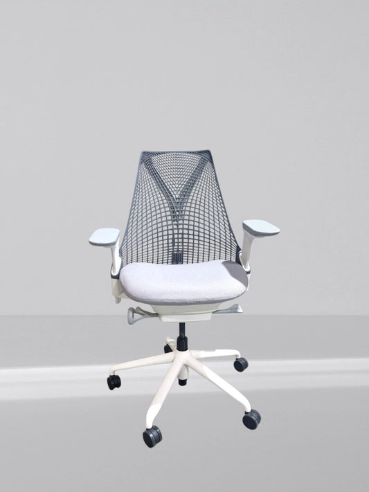 Herman Miller Sayl White Frame Grey Back With New Grey Upholstered Seat