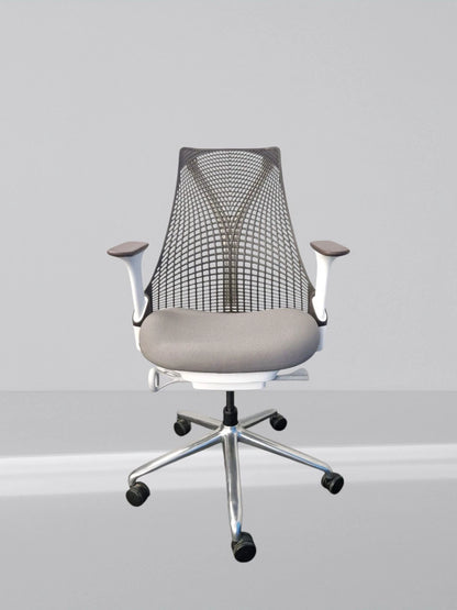 Herman Miller Sayl Office Chair White Frame Brown Mesh With New Grey Fabric