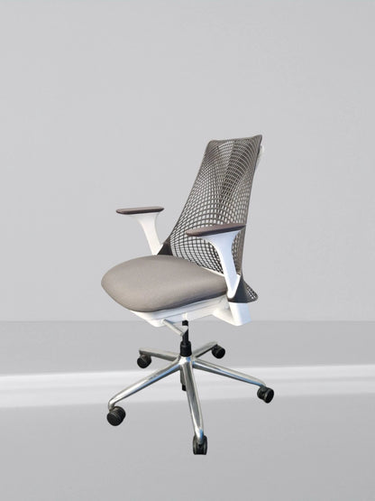 Herman Miller Sayl Office Chair White Frame Brown Mesh With New Grey Fabric